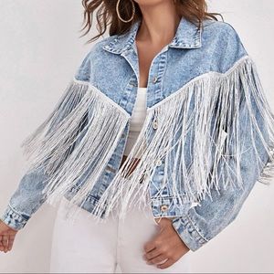 SHEIN NWOT Drop Shoulder Fringe Trim Denim Jacket